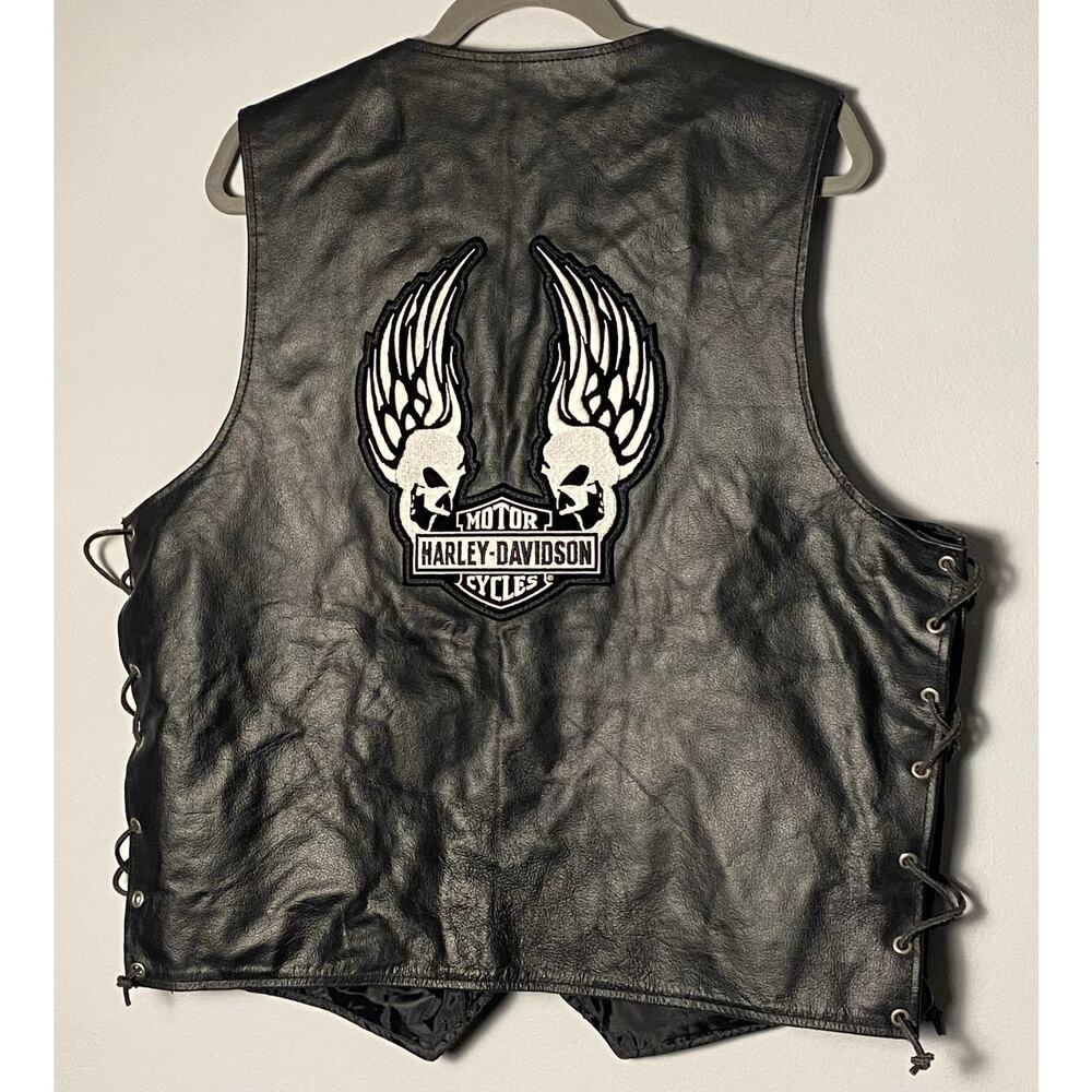 Leather Motorcycle Vest Men's Large Harley Davidson Skull Flames Sturgis 09 pin